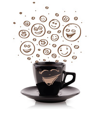 Coffee-cup with brown hand drawn happy smiley faces