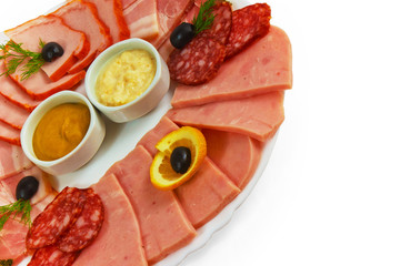 sausage sliced ham mustard isolated plate