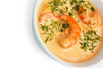 shrimp soup dill in bowl isolated on white background
