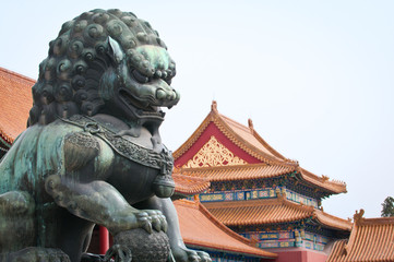 Bronze lion statue in Forbidden City, Beijing in China