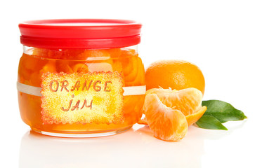 Orange jam with zest and tangerines, isolated on white