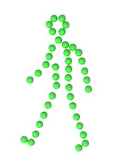 walking human silhouette, composed of relief 3D green dots,