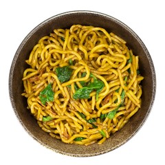 Stir-fried noodle with bacon and spinach