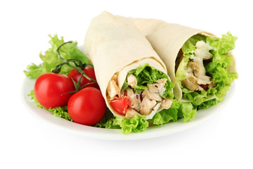 Kebab - grilled meat and vegetables, on plate, isolated on