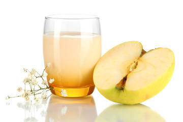 Delicious yogurt in glass with apple isolated on white