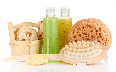 Cleanser, brush and cosmetics for shower isolated on white