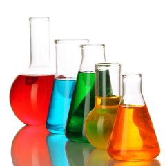 Test tubes with colorful liquids isolated on white