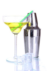 Cocktail shaker and cocktail isolated on white