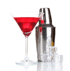 Cocktail shaker and cocktail isolated on white