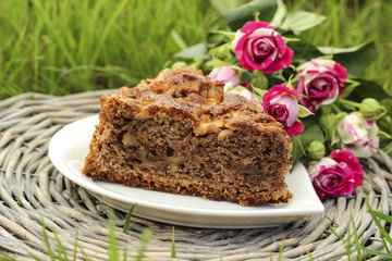 Piece of chocolate cake at garden party. Beautiful lush pink ros