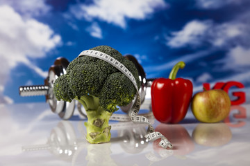 Vegetable and fruit fitness and blue sky