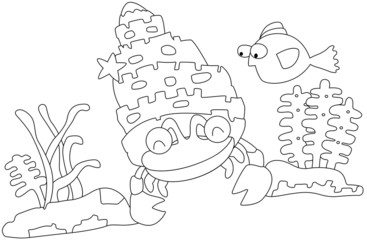 Illustration of a hermit crab and fish