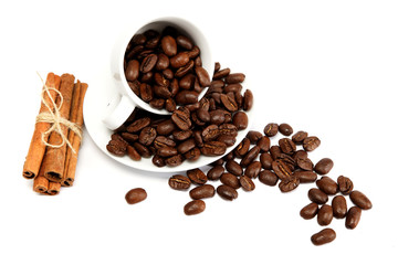 Cup with coffee beans isolated on white background.