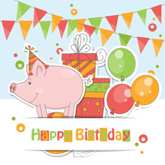 Happy Birthday card with cute little pig