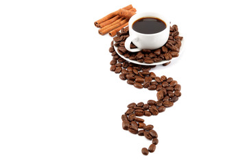 cup with coffee and beans isolated on white background.