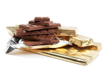 Chocolate bar in foil isolated on white background