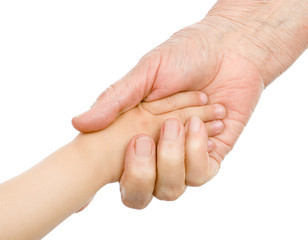 An old woman and a kid holding hands together. isolated on white