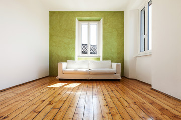 home interior, view white sofa and window - obrazy, fototapety, plakaty