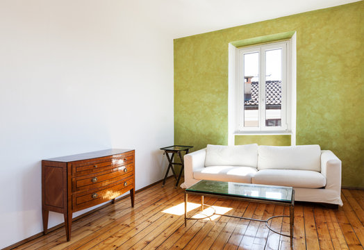 home interior, view white sofa and window
