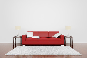 Red couch with carpet