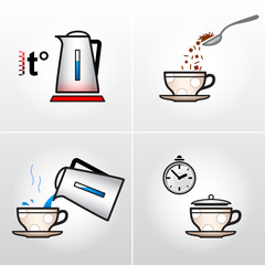 Icon set for process of brewing tea, coffee, other hot drinks