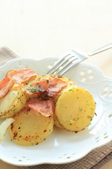 european food, bacon and potato pan fried