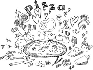 Digital illustration of pizza and ingredients
