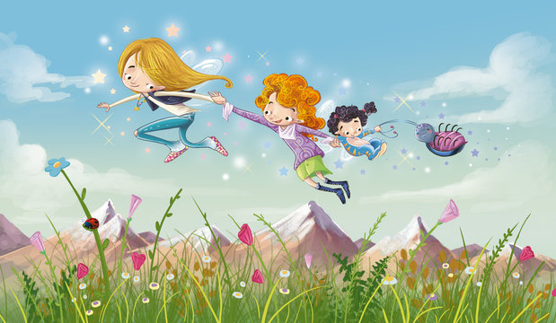 niñas volando en un prado