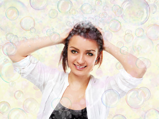pretty lady and flying soap bubbles