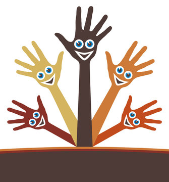 Hands with happy faces vector design with copy space.