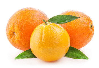Ripe orange fruit with leaf and water drops isolated on white