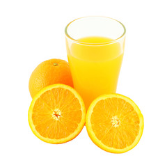 Glass of orange juice and two riped fruit side