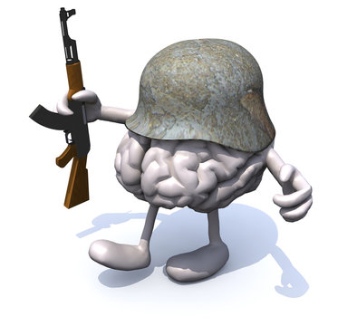 human brain with arms and legs, german helmet and rifle
