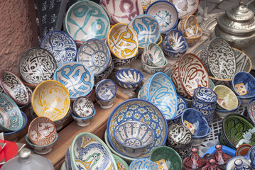 The typical colored pottery on the souk in Marrakech