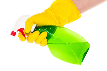Hand with household gloves holding a spray bottle