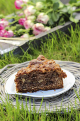 Garden party. Chocolate cake on wicker tray