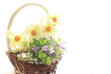 Obraz na płótnie Canvas artificiate flower in bamboo basket on white background