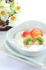 chinese cuisine, almond tofu with strawberry and kiwi fruit