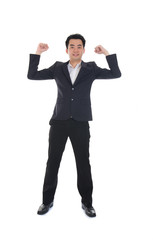 young asian chinese business male jumping celebrating success wi