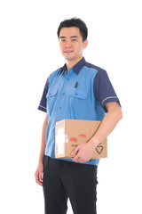 asian delivery dispatch boy delivering a package isolated agains
