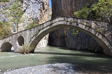Fototapeta na wymiar Portitsa gorge and the old stone bridge in Greece