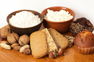 Tasty curd cheese, nuts and musli bars  Healthy food