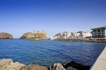 Sultan's Palace complex with Al-Jalali fort in Old Muscat - wide