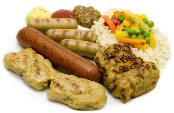 Grillteller mit Reis und Gem&uuml;se