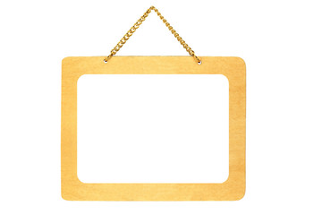 Wooden signboard hanging on chains