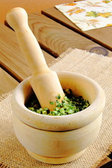 Freshly pesto sauce in a mortar