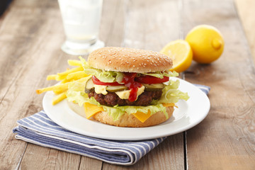 Beef Cheese Hamburger with French Fries