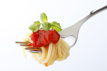 Spaghetti pasta with tomato sauce and basil on fork
