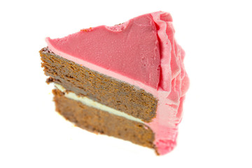 A slice of Chocolate mud cake decorated with pink ruffle pattern