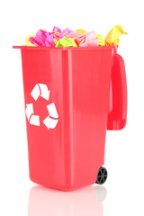 Recycling bin with papers isolated on white